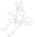  anthro barefoot black_and_white briefs bulge canid canine clothed clothing fox fox_mccloud male mammal monochrome nintendo open_mouth palm_up simple_background sitting sketch solo star_fox teeth_showing thegreatmatsutzu topless underwear video_games white_background 