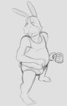  age_difference anthro barefoot black_and_white briefs bulge clothing coffee_cup english_text hare lagomorph leporid male mammal monochrome nintendo older_male peppy_hare shirt simple_background sketch solo star_fox tank_top text thegreatmatsutzu topwear underwear video_games white_background 