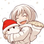  1girl 1other bangs blush closed_eyes dated fur_trim ghost hood hood_down hug jacket kohei_nakaya open_mouth original short_hair signature smile upper_body white_background white_hair white_jacket 