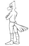  anthro asian_clothing barefoot black_and_white butt clothed clothing crossed_arms east_asian_clothing facing_rear falco_lombardi fundoshi japanese_clothing male monochrome nintendo simple_background sketch smile solo star_fox thegreatmatsutzu topless underwear video_games white_background 