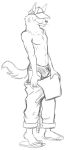  anthro baseball_cap belt black_and_white briefs canid canine canis clothed clothing colored_underwear domestic_dog footwear hat headgear headwear jaspar_(thegreatmatsutzu) male mammal monochrome overalls pants_down partially_clothed sandals simple_background sketch solo thegreatmatsutzu toothpick topless underwear undressing white_background wolf 