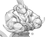  anthro belt chirros clothing cracking_knuckles fish gloves handwear male marine monochrome muscular muscular_anthro muscular_male pecs shark shirt smile smirk solo teeth tight_clothing topwear vein 