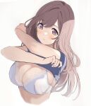  1girl bangs blue_shirt blush bra breasts brown_eyes brown_hair cleavage closed_mouth clothes_lift eyebrows_visible_through_hair grey_background hamu_(plot_sy) highres idolmaster idolmaster_shiny_colors lace-trimmed_bra lace_trim large_breasts long_hair looking_at_viewer shirt shirt_lift short_sleeves simple_background solo sweatdrop tsukioka_kogane underwear upper_body white_bra 