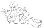  barefoot black_and_white briefs butt clothed clothing digimon digimon_(species) male monochrome on_hands_and_knees simple_background sketch solo teeth_showing topless underwear weregarurumon white_background 