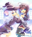  2girls :d :o ahoge bangs black_footwear black_headwear black_legwear black_robe black_skirt blue_eyes blush boots bow braid brown_hair character_request collared_shirt commentary_request cosplay dress_shirt elaina_(majo_no_tabitabi) elaina_(majo_no_tabitabi)_(cosplay) eyebrows_visible_through_hair frilled_skirt frills hair_between_eyes hair_bow hat hibiki_(kantai_collection) holding_hands interlocked_fingers kantai_collection kouu_hiyoyo long_sleeves looking_at_viewer majo_no_tabitabi multiple_girls open_clothes open_mouth open_robe parted_lips pleated_skirt red_bow red_shorts robe shigure_(kantai_collection) shirt short_shorts shorts silver_hair single_braid skirt smile thighhighs thighhighs_under_boots white_footwear white_shirt wide_sleeves window witch_hat 