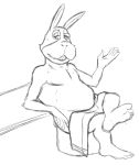  anthro barefoot black_and_white bodily_fluids buckteeth clothed clothing male monochrome nintendo peppy_hare simple_background sitting sketch solo star_fox sweat teeth thegreatmatsutzu topless towel towel_on_lap video_games white_background 