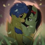  1:1 accessory anonymous_artist avian black_hair blue_hair duo earth_pony emerald_blade_(oc) equid equine eye_contact fan_character female friendship_is_magic green_body green_eyes green_skin green_storm_(oc) gryphon hair hair_accessory hasbro hi_res horse hug looking_at_another love male male/female mammal my_little_pony mythological_avian mythology pony red_eyes ribbons romantic wings 