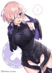  ! 1girl armor armored_boots armored_dress bangs black_dress blush boots breasts copyright_name dress elbow_gloves fate/grand_order fate_(series) faulds glasses gloves hair_over_one_eye large_breasts mash_kyrielight mishima_kurone open_mouth pink_hair purple_eyes simple_background solo spoken_exclamation_mark thigh_boots thighhighs two-tone_background 