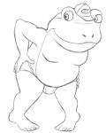  anthro barefoot baseball_cap black_and_white briefs clothed clothing hat headgear headwear male monochrome moobs nintendo overweight overweight_anthro overweight_male simple_background sketch slippy_toad smile solo star_fox text thegreatmatsutzu toad_(disambiguation) topless underwear video_games white_background 