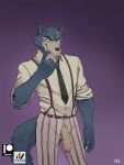  2020 3:4 anthro beastars belt big_penis bite bottomwear canid canine canis clothing dress_shirt finger_bite finger_fetish finger_in_mouth finger_play fingers flaccid foreskin genitals gradient_background hi_res humanoid_genitalia humanoid_penis legoshi_(beastars) looking_at_viewer male mammal necktie nexus pants penis poking_out purple_background shirt simple_background smile smirk solo standing suspenders topwear uncut wolf 