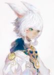  1girl animal_ears cat_ears closed_mouth coat final_fantasy final_fantasy_xiv from_side green_eyes hair_tubes miqo&#039;te sidelocks simple_background solo upper_body whisker_markings white_background white_coat white_hair yogisya 