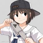  1girl backwards_hat black_eyes black_headwear blue_neckwear blush breast_pocket brown_hair grey_background hat kohei_nakaya neckerchief original pocket sailor_collar shirt short_hair simple_background smile solo upper_body white_sailor_collar white_shirt 