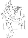  anthro black_and_white clothing doggie_kruger furniture genitals gloves hand_on_chin handwear male monochrome nude penis pillow power_rangers simple_background sitting sketch sofa solo thegreatmatsutzu white_background 