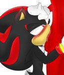  absurd_res anthro balls blush bodily_fluids duo flamez genitals hand_on_head hi_res kneeling knuckles_the_echidna male male/male oral penis saliva shadow_the_hedgehog sonic_the_hedgehog_(series) tailwag 