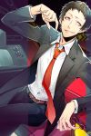  1boy adachi_tooru belt black_hair black_jacket caution_tape formal grin jacket long_sleeves male_focus necktie pants persona persona_4 red_neckwear shirt signature sitting smile solo suit television white_shirt yuu_(isis7796) 