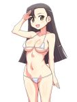  1girl :d asymmetrical_bangs bangs bikini blunt_ends breasts brown_eyes brown_hair cleavage commentary_request eyebrows_visible_through_hair girls_und_panzer groin large_breasts light_blush long_hair looking_at_viewer micro_bikini navel nishi_kinuyo open_mouth partial_commentary salute simple_background skindentation smile solo standing straight_hair string_bikini swimsuit white_background white_bikini yuuki_akira 
