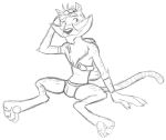  activision anthro backpack barefoot belt black_and_white briefs clothed clothing hand_on_hair hunter_(spyro) male monochrome simple_background sketch smile solo spyro_reignited_trilogy spyro_the_dragon thegreatmatsutzu topless underwear video_games white_background 