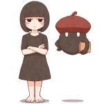  1girl 1other bangs barefoot beret black_eyes black_hair black_shirt blunt_bangs blush book crossed_arms ghost hat kohei_nakaya original pencil red_headwear shadow shirt short_hair short_sleeves simple_background white_background 