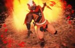  3d_(artwork) abs accessory anthro canid canine canis clothing digital_media_(artwork) fire headband hi_res looking_at_viewer male malicekira mammal melee_weapon ninja sai solo tadatomo tokyo_afterschool_summoners underwear video_games warrior weapon 