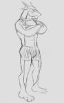  anthro barefoot black_and_white bulge canid canine canis clothed clothing crossed_arms doggie_kruger domestic_dog eyewear goggles male mammal monochrome power_rangers simple_background sketch solo swimming_trunks swimwear thegreatmatsutzu topless white_background 