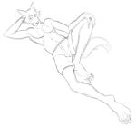  anthro barefoot beastars black_and_white bottomwear canid canine canis claws clothed clothing hand_on_head hand_on_knee hand_on_leg legoshi_(beastars) lying male mammal monochrome shorts simple_background sketch solo thegreatmatsutzu topless white_background wolf 