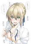  1girl ahoge artoria_pendragon_(all) blonde_hair blush braid breasts cleavage dress_shirt elf_(stroll_in_the_woods) fate/stay_night fate_(series) french_braid green_eyes hair_between_eyes hand_on_own_chest highres no_bra open_clothes open_shirt ribbon saber shirt small_breasts solo sweat translation_request upper_body white_background white_shirt 