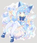  1girl \n/ alternate_costume animal_ears animal_hat bloomers blue_dress blue_eyes blue_footwear blue_hair blue_headwear blue_neckwear blush_stickers bow bowtie capelet cat_ears cat_hat cirno detached_wings double_\n/ dress fake_animal_ears full_body grey_background grey_bow hat hat_bow highres holding ice ice_wings jack-o&#039;-lantern jack-o&#039;-lantern_print looking_at_viewer mary_janes nikorashi-ka shoes short_hair solo string_of_flags symbol_commentary thighhighs touhou underwear white_legwear wings wrist_cuffs 