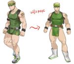  1boy alternate_costume bara bare_arms bare_shoulders blonde_hair bodysuit bulge chest covered_abs covered_nipples facial_hair green_bodysuit green_hairband hairband kienbiu leather male_focus muscle original pelvic_curtain punt_(kienbiu) short_hair sideburns sleeveless solo spiked_hair stubble taut_clothes thick_thighs thighs white_footwear 