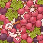  1girl 1other bangs barefoot blush dated dress food fruit ghost grapes hat kohei_nakaya leaf minigirl open_mouth original short_hair signature sleeveless sleeveless_dress smile straw_hat white_dress white_hair 