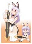  1girl alternate_costume animal_ears ass_visible_through_thighs azur_lane bangs bare_shoulders black_footwear black_hairband blunt_bangs blush bow bowtie breasts bunny_ears bunny_tail cap105 carrot_earrings chibi chibi_inset cleavage coattails collarbone commentary_request detached_collar dido_(azur_lane) earrings eyebrows_visible_through_hair fake_animal_ears fake_tail food_themed_earrings full_body glint gradient gradient_background groin hairband highres holding holding_sword holding_weapon jewelry kneeling large_breasts leotard long_hair looking_at_viewer orange_background parted_lips playboy_bunny purple_eyes side-tie_leotard sidelocks silver_hair simple_background skindentation smile standing strapless strapless_leotard sunrise_stance sword tail thigh_gap thighhighs triangle_mouth two-tone_background weapon white_background white_legwear white_leotard wing_collar wrist_cuffs 