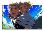  2boys :d black_jacket blonde_hair border brothers carrying commentary crying crying_with_eyes_open dated day flower happy_tears jacket japanese_clothes kimetsu_no_yaiba kimono kinako_(462) long_sleeves looking_away male_focus medium_hair multicolored_hair multiple_boys open_mouth outdoors piggyback red_hair rengoku_kyoujurou rengoku_senjurou siblings sky smile spiked_hair sunflower tears two-tone_hair uniform upper_body upper_teeth white_border white_kimono wide_sleeves yellow_eyes 