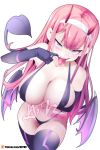  1girl aqua_eyes bat_wings blush breasts cleavage darling_in_the_franxx demon_girl demon_tail elbow_gloves fangs finger_in_mouth gloves heart heart-shaped_pupils highres horns hot_vr large_breasts long_hair looking_at_viewer navel pink_hair simple_background slingshot_swimsuit solo succubus swimsuit symbol-shaped_pupils tail thighhighs tongue tongue_out white_background wings zero_two_(darling_in_the_franxx) 