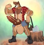  absurd_res animal_genitalia animal_penis anthro axe balls big_balls big_penis bodily_fluids body_hair boots bottomwear canid canine canine_penis canis chest_tuft clothing flit footwear genital_fluids genitals hi_res huge_balls huge_penis hyper hyper_balls hyper_genitalia hyper_penis lumberjack male mammal melee_weapon muscular muscular_anthro muscular_male penis plaid_shirt pompadour pose precum shorts solo stripes tree_stump tuft weapon wolf 