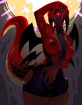  2020 anthro black_sclera blue_eyes breasts clothing digital_media_(artwork) dragon dress female glowing glowing_eyes hi_res long_tongue nipples non-mammal_breasts nude open_mouth red_body red_scales reptile scales scalie shnider solo tongue tongue_out wings yellow_body yellow_scales 