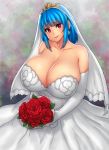  1girl absurdres bare_shoulders blue_hair bouquet breasts bridal_veil bride cleavage curvy dress earrings elbow_gloves erkaz flower gloves highres holding holding_bouquet huge_breasts jewelry medium_hair original red_eyes rina_atherina smile strapless strapless_dress veil wedding_dress white_dress 