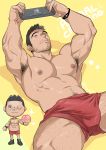  1boy abs absurdres armpit_hair armpits arms_up bara bare_chest black_hair blonde_hair bulge chest doubutsu_no_mori erection erection_under_clothes facial_hair feet_out_of_frame handheld_game_console highres kienbiu leg_hair male_focus muscle navel navel_hair nintendo_switch nipples original red_shorts short_hair shorts sideburns solo spiked_hair spread_legs stubble thick_thighs thighs 