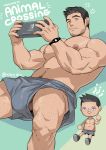  1boy abs absurdres bara bare_chest black_hair blonde_hair blue_shorts bulge chest chibi facial_hair feet_out_of_frame handheld_game_console highres kienbiu leg_hair male_focus muscle navel navel_hair nintendo_switch nipples original penis_peek short_hair shorts sideburns solo spread_legs stubble thick_thighs thighs 