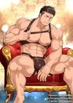  1boy abs bara bare_chest black_hair bulge chest chest_harness facial_hair feet_out_of_frame harness jockstrap kienbiu male_focus muscle navel nipples official_alternate_costume revealing_clothes short_hair sideburns solo stubble thick_thighs thighs tokyo_houkago_summoners underwear yellow_eyes zabaniya_(tokyo_houkago_summoners) 