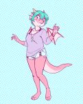  absurd_res anthro barefoot blue_eyes bottomwear clothed clothing crystal cutoffs denim denim_clothing dragon ear_frill female frill_(anatomy) green_hair hair hi_res horn hotpants jewelry necklace pink_body pink_scales redvelvetbat scales shorts smile solo wings 