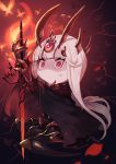  1girl absurdres black_cape cape evil_(okame_nin) fewer_digits fur-trimmed_cape fur_trim hands_up highres holding holding_sword holding_weapon horns looking_at_viewer no_mouth okame_nin original red_background red_eyes red_theme sitting solo sweatdrop sword weapon white_hair white_skin wide-eyed 