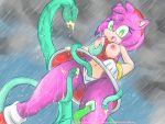  4:3 amy_rose anthro breasts clothing dress dutch_angle eulipotyphlan exposed_breasts female footwear gloves green_eyes handwear hedgehog low-angle_view mammal multicolored_body natsuminyan navel nipples open_mouth panties penis_tentacles raining sonic_the_hedgehog_(series) tentacles two_tone_body under_clothes underwear upskirt wet wet_clothing 