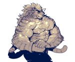  abs anthro biceps big_muscles bodily_fluids claws clothed clothing felid flexing fur hi_res huge_muscles looking_at_viewer male mammal muscular muscular_anthro muscular_male nipples pantherine pecs rybiok simple_background solo sweat teeth tiger topless vein white_background wristband 