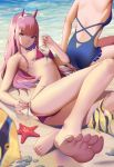  2girls absurdres animal barefoot beach bikini bikini_pull blue_swimsuit blush darling_in_the_franxx eyebrows_visible_through_hair feet fingernails fish frilled_swimsuit frills green_eyes highres horns huge_filesize long_hair multiple_girls ocean oni_horns outdoors parted_lips pink_hair pink_lips pink_nails pink_swimsuit rock sand sitting smile soles starfish swimsuit toenail_polish toenails toes water xingchee zero_two_(darling_in_the_franxx) 
