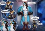  2020 4_toes 5_fingers abs anthro avian black_hair blue_body blue_feathers blue_fur breasts clothed clothing digital_media_(artwork) english_text eyewear feathers female fingers fur glasses gryphon hair miosha mythological_avian mythology text toes 