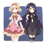  2girls black_dress black_hair blonde_hair character_request copyright_request dress highres long_hair multiple_girls see-through shone short_hair tagme two-tone_background 