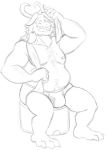  anthro asgore_dreemurr barefoot beard black_and_white bodily_fluids body_hair boss_monster bovid briefs bulge caprine chest_hair clothed clothing facial_hair male mammal monochrome musclegut mustache nipples simple_background sketch solo sweat thegreatmatsutzu topless towel undertale underwear video_games white_background 