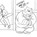  2020 anthro blush bottomwear canid canine carrying clothing group hi_res inktober inktober_2020 k_gutless kemono male mammal overweight overweight_male pants shirt text topwear ursid 