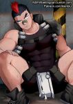  1boy armor ass_visible_through_thighs bandaid bandaid_on_nose bara black_hair black_shorts black_tank_top bulge chest chest_harness convenient_censoring covered_abs covered_navel covered_nipples facial_hair feet_out_of_frame harness kienbiu kill_la_kill kinagase_tsumugu male_focus mohawk multicolored_hair muscle patreon_username pauldrons shoes short_hair shorts shoulder_armor sideburns skin_tight solo spread_legs stubble tank_top thick_thighs thighs torn_clothes torn_shorts two-tone_hair 