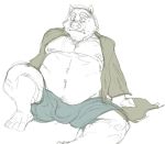  2020 anthro belly bottomwear bulge clothed clothing ikaring kemono male mammal nipples open_clothing open_shirt open_topwear overweight overweight_anthro overweight_male shirt shorts simple_background sitting sketch solo suid suina sus_(pig) topwear white_background wild_boar 