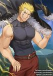  1boy bara bare_arms bare_shoulders blonde_hair chest covered_abs cowboy_shot facial_hair fairy_tail fur-trimmed_jacket fur_trim gumroad_username jacket jacket_removed kienbiu laxus_dreyar male_focus muscle patreon_username shirt short_hair sideburns skin_tight sleeveless sleeveless_shirt solo spiked_hair taut_clothes taut_shirt thick_thighs thighs twitter_username 